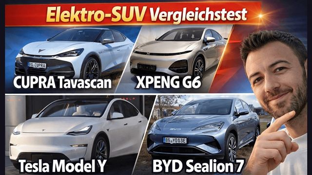 YouTube-Video „Elektro-SUV Vergleichstest“: CUPRA Tavascan, XPENG G6, Tesla Model Y und BYD Sealion 7